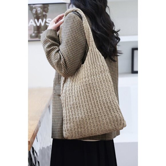 Hand Crocheted Shoulder Beach Bag in Khaki - Picture 1 of 6